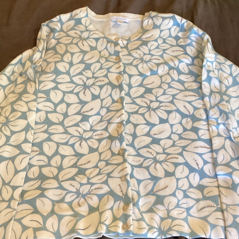Charter Club Cream and Light Blue Knit Top